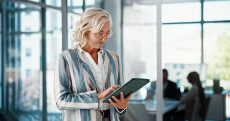 Tablet, research and mature businesswoman in office checking company revenue margin for stock market. Digital technology, reading and female finance executive with online investment profit report.の写真素材