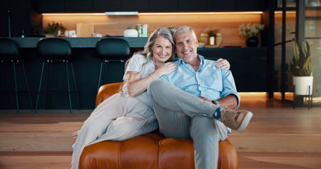 Hug, relax and elderly couple in home, partnership support and love for connection in marriage. Romance, affection and loyalty to spouse in relationship, trust and embrace in portrait for securityの写真素材