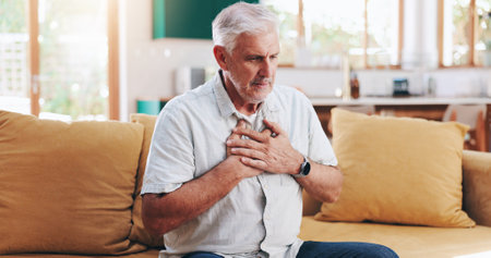 Chest pain, heart attack and senior man on sofa, stress and cardiac arrest in living room. Pensioner, retirement or person on couch, asthma and emergency in lounge, pressure, home or cardiovascularの写真素材