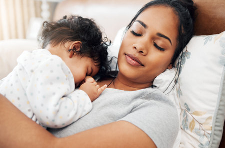 Mother, toddler and cuddle in care, support and nurture in family home or nursery with love for...
