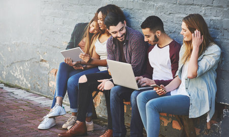 Students, outdoor campus and laptop for online studying, download module and research subject....