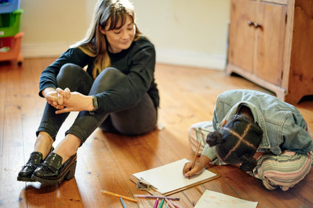 Help, teacher and student drawing for education, art therapy and expression in a classroom. Support,...