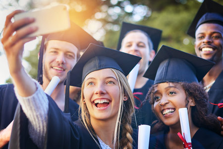 Students, graduation and smile for selfie with certificate on campus for social media or memories....