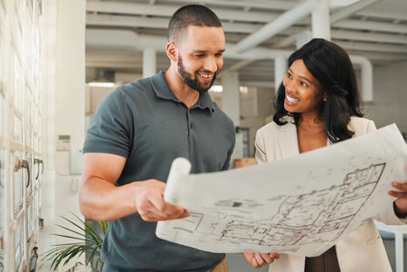 Office, architect and business people with blueprint for teamwork, planning and project management....