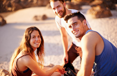 Relax, portrait and travel with friends at beach for summer vacation, adventure and tropical...