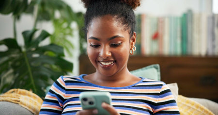 Home, online and woman with smartphone, calm and communication for chat in living room and smile....