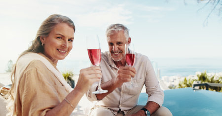 Travel, portrait and mature couple with wine, relax and celebration of anniversary with liquor or outdoor. Bonding, man and woman with drink on resort, alcohol and people with smile on holiday in USAの写真素材