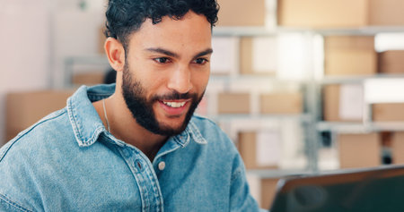 Laptop, logistics and smile with man in office for distribution, shipping or supply chain. Computer,...