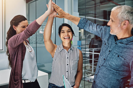 Women, man and group with high five in office, startup and excited with cheers, goals and support....