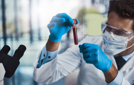 Blood, medical and science with hands of man for breakthrough, discovery or experiment. DNA, healthcare and microscope with scientist in laboratory for development of cure, innovation or researchの写真素材
