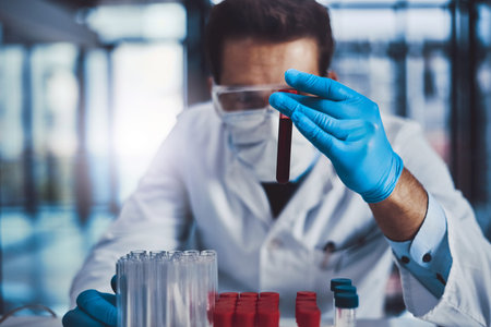 Blood, healthcare and science with man in laboratory closeup for breakthrough or experiment. DNA,...