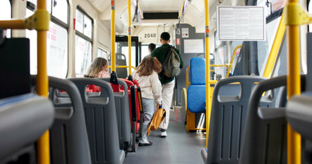 Travel, transport and people exit bus for ride destination, passenger leaving and end of trip. Back,...