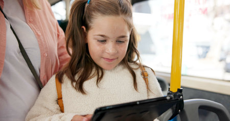 Family, bus and girl with tablet, travel and adventure with connection, social media and commute....