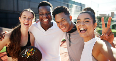 Sports, portrait or selfie of people with peace sign for playing games, padel or competition. Fitness, emoji and picture POV of friends for training, exercise and workout for practice on tennis courtの写真素材