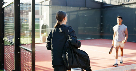 Tennis, personal trainer and man and woman on court ready to start training, match and game. Sports...