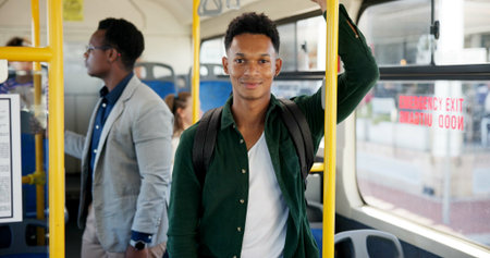 Student, portrait and man travel on bus for morning commute, college destination and smile for...