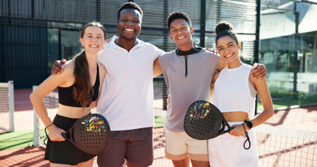 Sport, padel portrait and team on court for competition, match practice and tournament game. Tennis players, happy people and group at fitness training for challenge or bonding together after workoutの写真素材