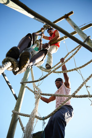 Friends, climbing obstacle and outdoor for balance, exercise and bootcamp rope course for endurance....
