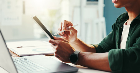 Trader, office and tablet in hands for business, economy research and stock market update. Man, digital pen and technology in agency for online banking, budget planning or investment feedback in appの写真素材
