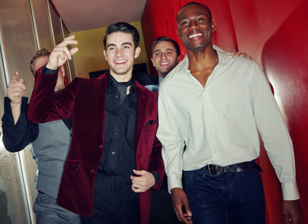 Celebration, nightclub and party with group of friends walking into venue for start of music event....