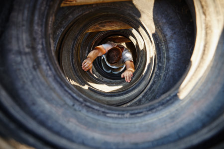 Athlete, man and crawl with obstacle outdoor for strength training, military practice and mobility. Above, person and tire course for exercise challenge, fitness workout and survival test at bootcampの写真素材