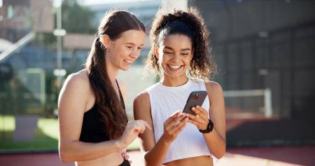 Sports, online and women with phone on tennis court for social media post, internet joke or chat....