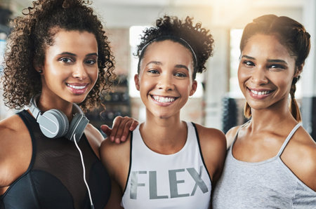 Happy women, portrait and hug with fitness for workout, exercise or indoor training together at gym....