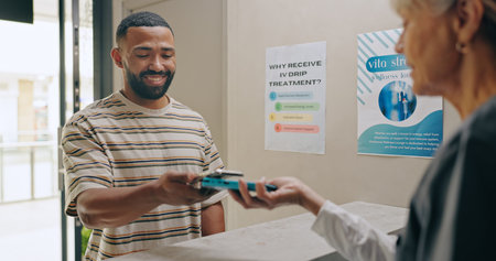 Man, phone and pos for for payment at pharmacy with smile for healthcares services with cashier...