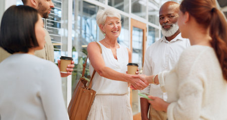 Business people, manager handshake and meeting internship employees in marketing office, advertising company or branding startup. Smile, happy or mature leadership shaking hands in team work welcomeの写真素材