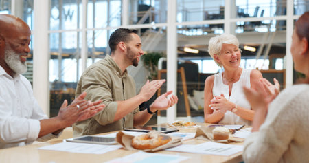 Happy, hands and business with team, applause and collaboration for success, sales growth and...