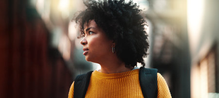 Young, woman and student in city with face, thinking and backpack for university, learning or class....