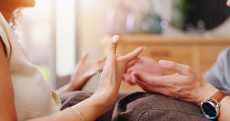 Couple, hands and fight blame in home for unhealthy relationship or frustrated, conflict or problem....