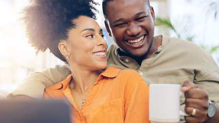 Happy, laptop and African couple with coffee smile for bonding, watching funny comedy and movies on...