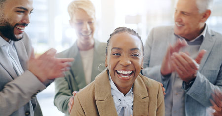 Happy business woman, team and applause for promotion, bonus or support together at office. Excited...