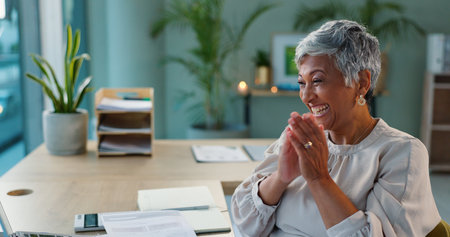 Business woman, happy and applause on video call on laptop and celebration for team achievement on project. Accounting, success and clapping hands for speaker on computer and sales for company growthの写真素材
