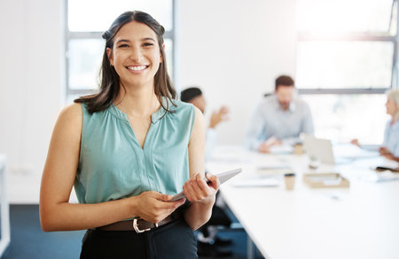 Confidence, meeting and portrait of woman with tablet for schedule, report or research for business planning. Office agenda, smile and businesswoman in office with digital app for project managementの写真素材