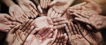 People, hands and diversity with humanity for unity, inclusion or community together on banner....