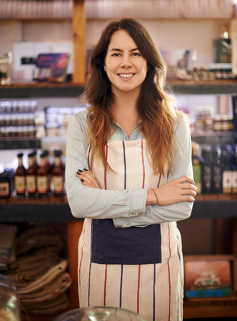 Portrait, owner and happy woman in coffee shop, small business or welcome in hospitality industry....