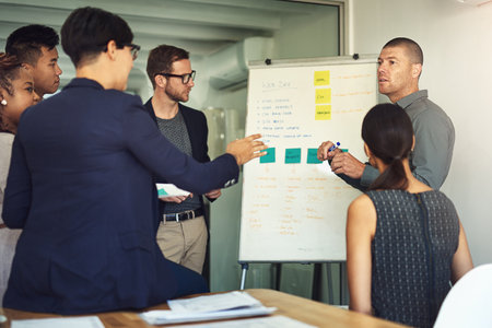 Employees, whiteboard and web development in office with plan, code update and project. Business people, collaboration and ideas for programming in meeting, workshop and solution for cpu softwareの写真素材