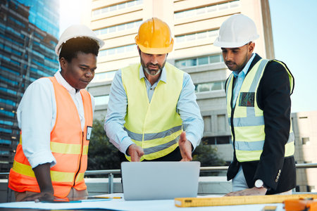 Architect, men and manager with laptop outdoor on rooftop for city planning and building development project. Team, people or talking on construction site for architecture or urban property expansionの写真素材
