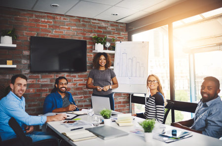 Portrait, business people and happy in office for presentation, startup development and...