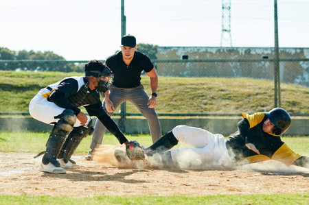 Men, baseball or runner with referee or pitcher for sports, point or match in tournament or outdoor...