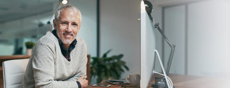 Portrait, business and mature man with computer, smile or confidence with sales agency. Employee, pc...