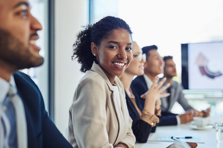 Portrait, business people and woman in meeting, feedback and seminar with results, review and...