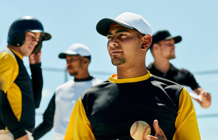 Baseball team, man and thinking with sports field training for game challenge, outdoor exercise or workout. Collaboration, summer wellness and athlete in safety gear ready for practice in uniformの写真素材
