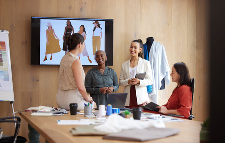 Women, creative meeting and design work with collaboration, teamwork and sewing, fashion and office....
