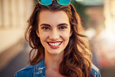 City, portrait and smile of woman in sunglasses for holiday, travel or vacation as tourist abroad. Adventure, face and happy with confident person in shades to explore overseas location for tripの写真素材