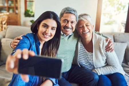 Happiness, senior parents and woman with selfie, affection and love for support in living room....