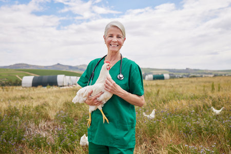 Mature woman, portrait or veterinarian with chicken on farm for poultry health, agriculture or production in countryside. Female person, animal doctor or happy nurse with hen for livestock healthcareの写真素材