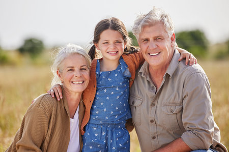 Countryside, grandparents and child with hug in portrait, sustainable environment and bonding...